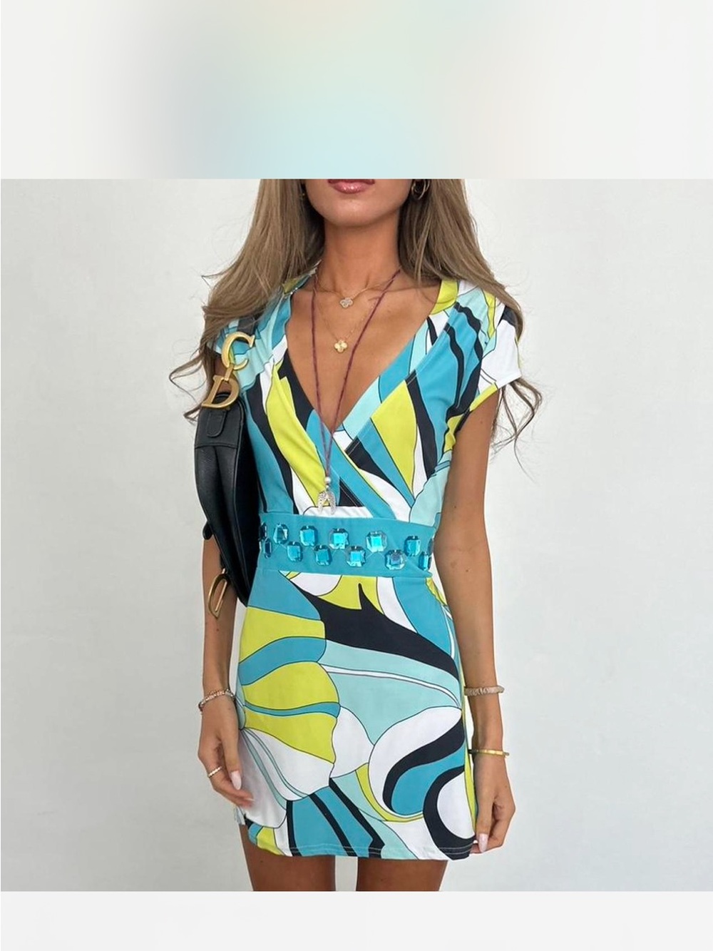 Vintage O0s blue geometric flower mini dress